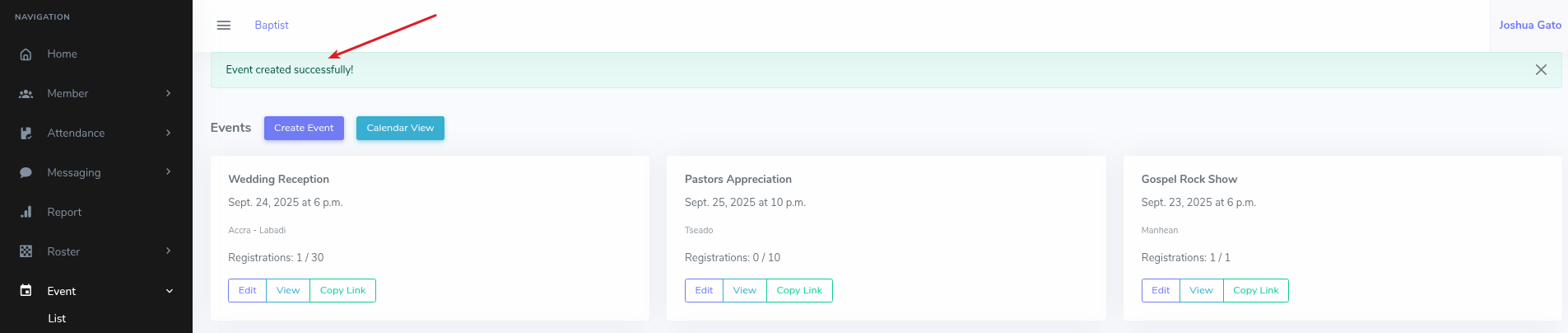 Create Event Success