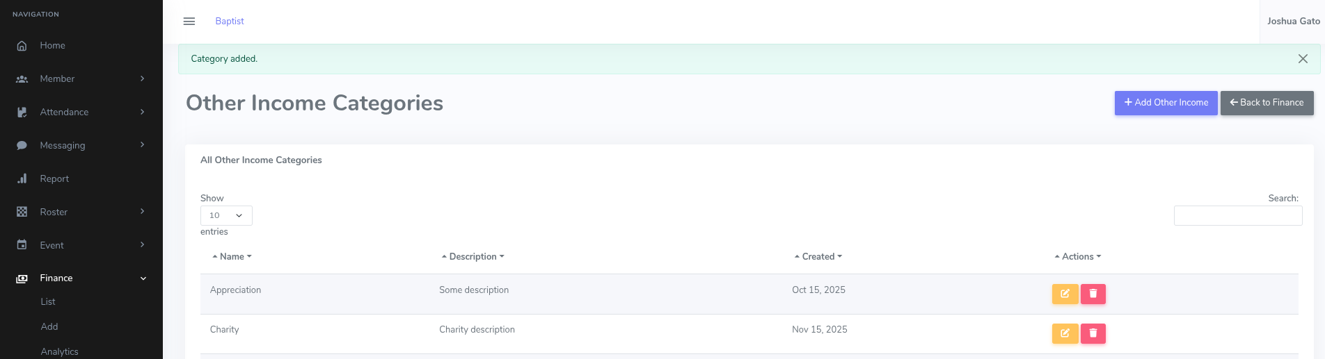 Add Other Income Success