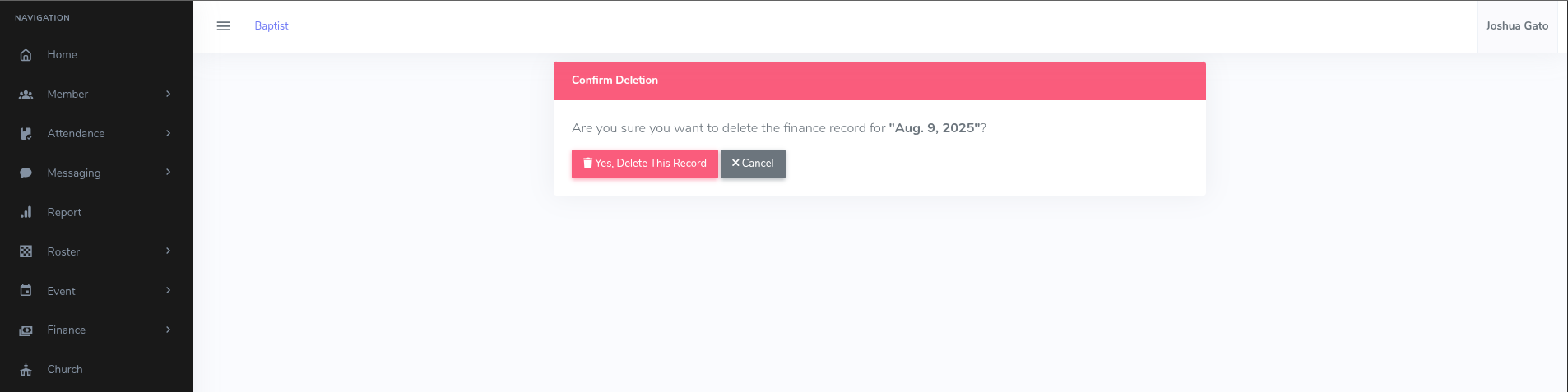 Finance Record Delete Confirmation