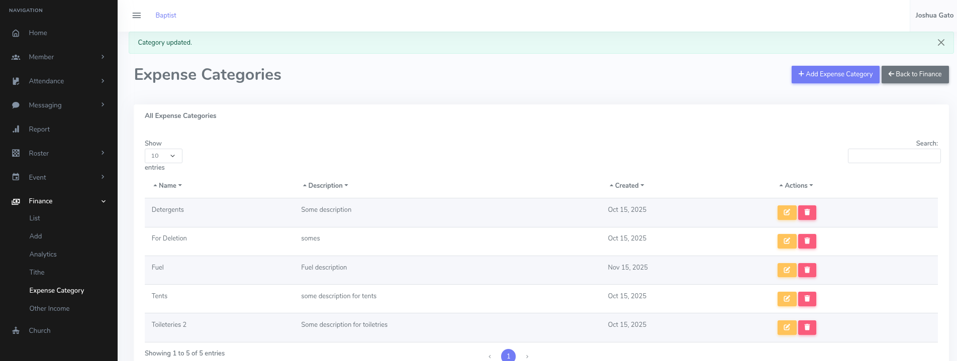 Expense Category Update Success