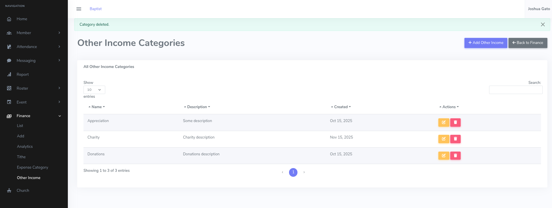 Other Income Category Delete Success