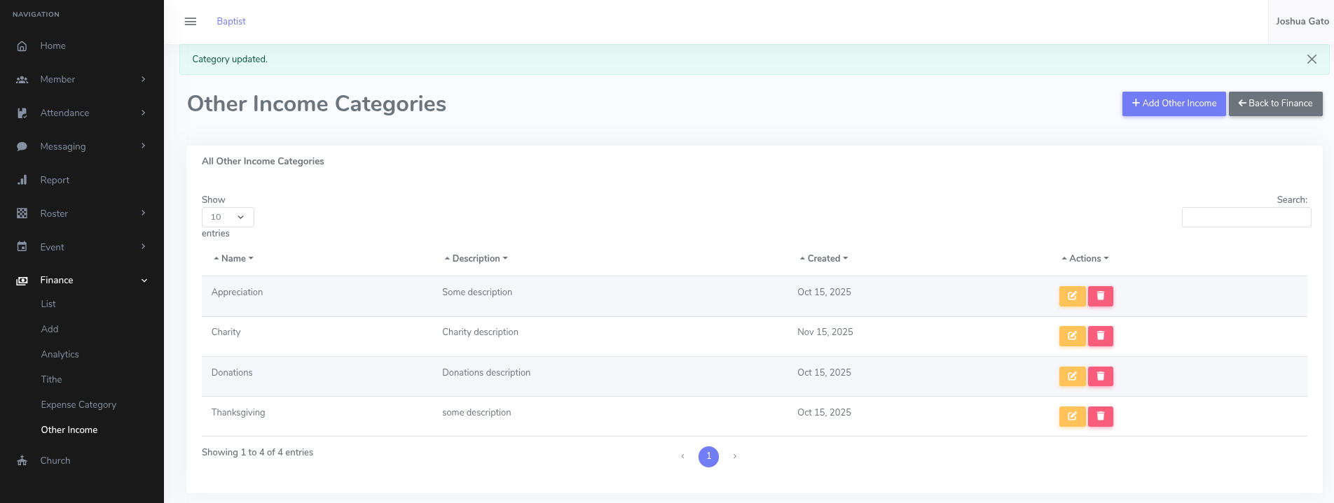 Other Income Category Update Success