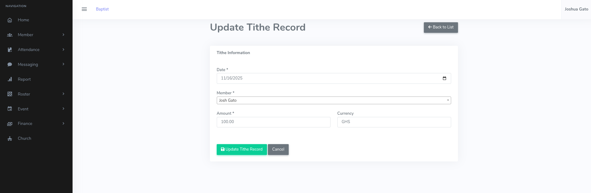 Tithe Details Update Form
