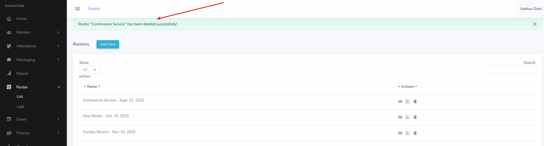 Roster Delete Success